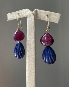 Carved Lapis Lazuli, Ruby 14kGF Earrings