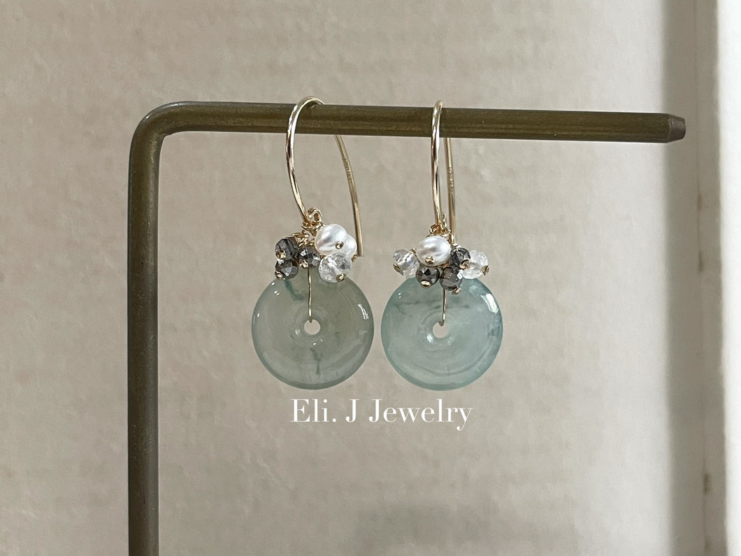 Petite Icy Floral Jade Donuts, Pyrite & Pearls Earrings