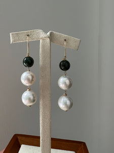 Deep Green Jade Balls & White Pearl Dangles 14kGF