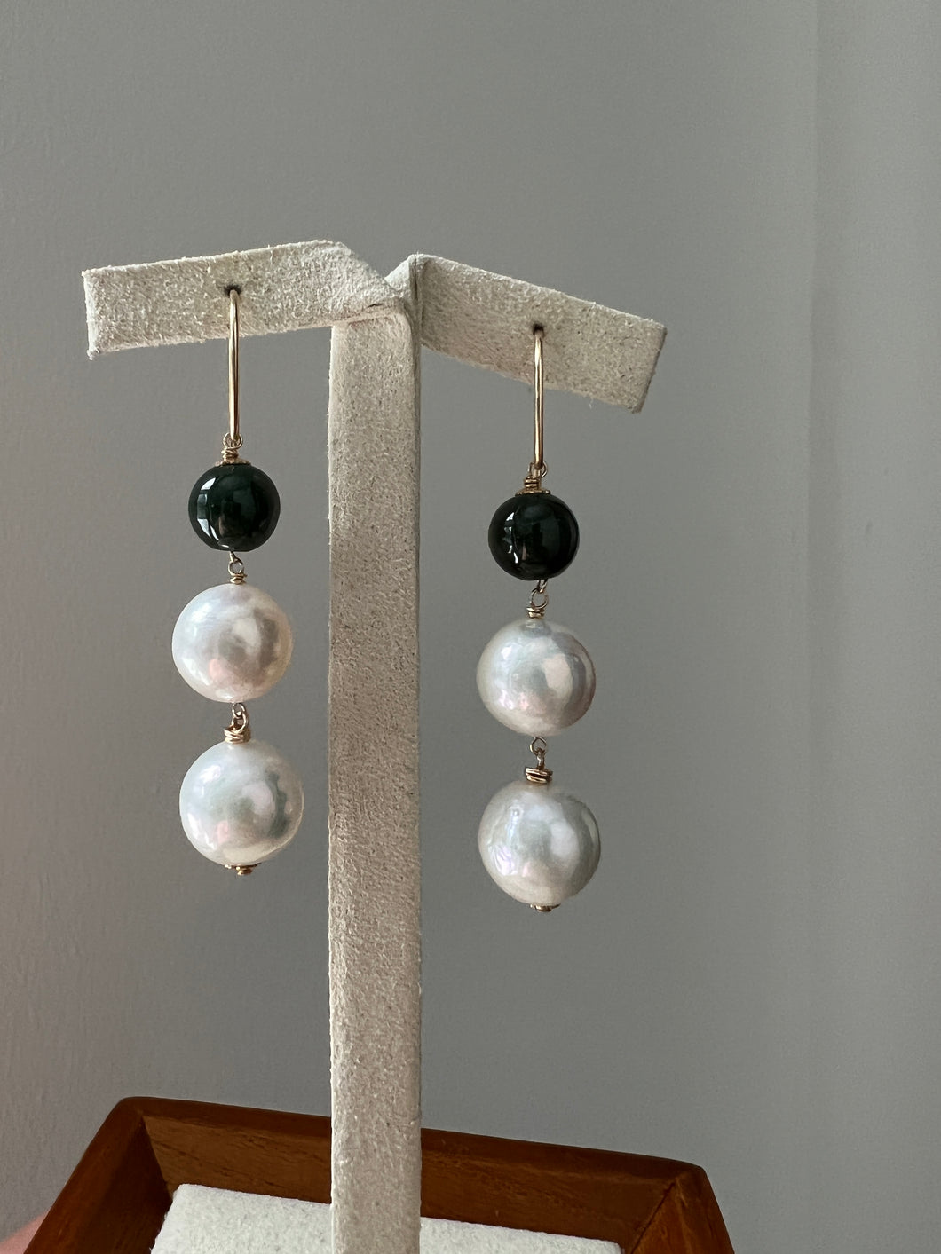 Deep Green Jade Balls & White Pearl Dangles 14kGF