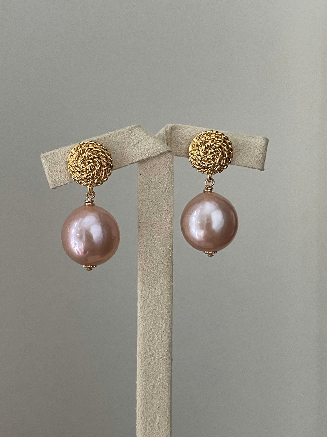 Large Peach-Pink Edison Pearls on Rope Studs 14kGF Earrings