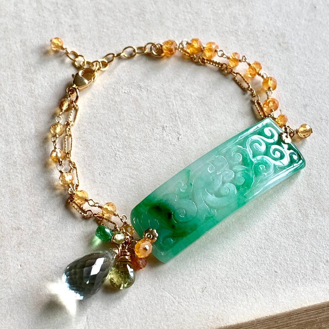 One-of-a-kind Type A Old Mine Jade & Gems 14kGF Bracelet