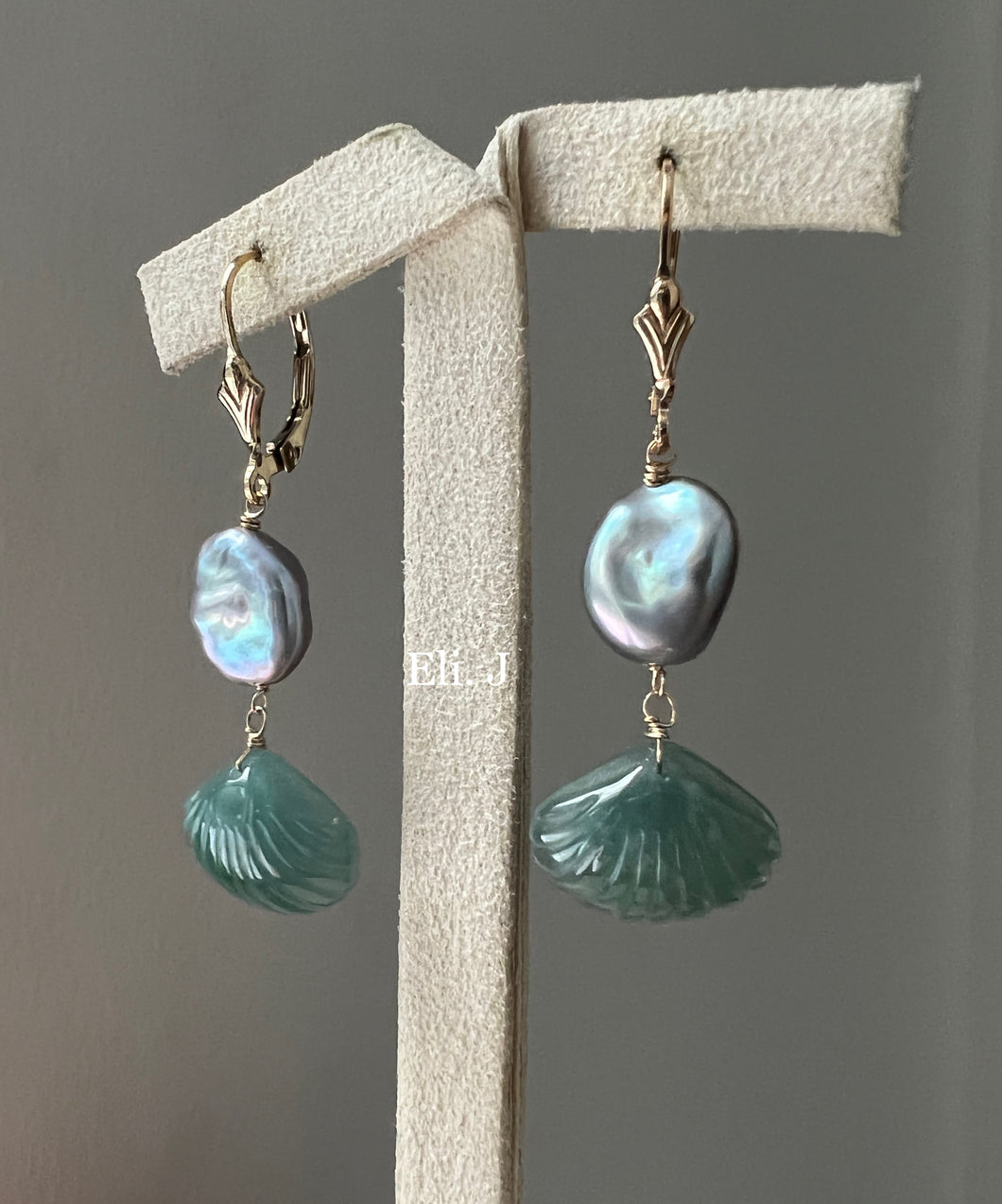 Merida: Jade Shells, Silver Keshi Pearls 14kGF Earrings