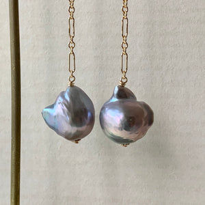 AAA Baby Dark Silver Baroque Pearls 14kGF Long Earrings