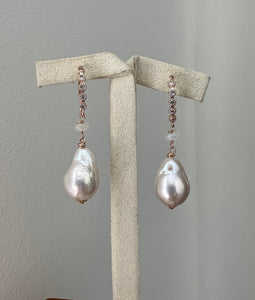 Petite Ivory Pearls, Rainbow Moonstone 14kRGF Earrings