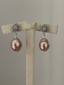Pink- Gold Peach Edison Pearls on 925 Silver Snowflake Studs