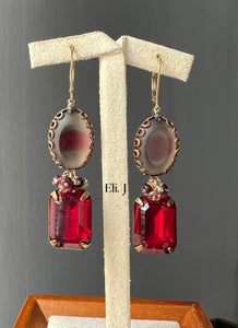 Rosalind: Vintage Red Gems, Black Diamond, Ruby, Garnet 14kGF Earrings