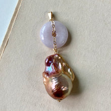 Load image into Gallery viewer, Type A Lavender Jade &amp; AAA Purple-Peach Baroque Pearl Pendant 14kGF