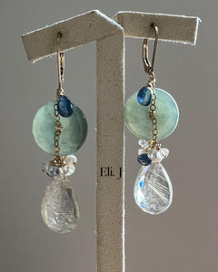 Dark Green Jade Donuts, Golden Rutile, Kyanite 14kGF Earrings