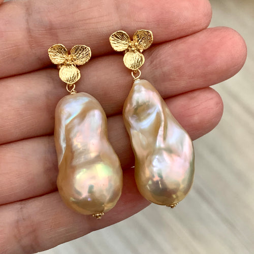 AAA Rainbow Lustre Peach Baroque Pearls 14kGF Earrings