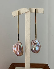 Load image into Gallery viewer, Peach-Lavender Baroque Pearls on Long Bar Earrings