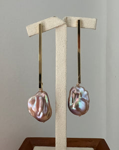 Peach-Lavender Baroque Pearls on Long Bar Earrings