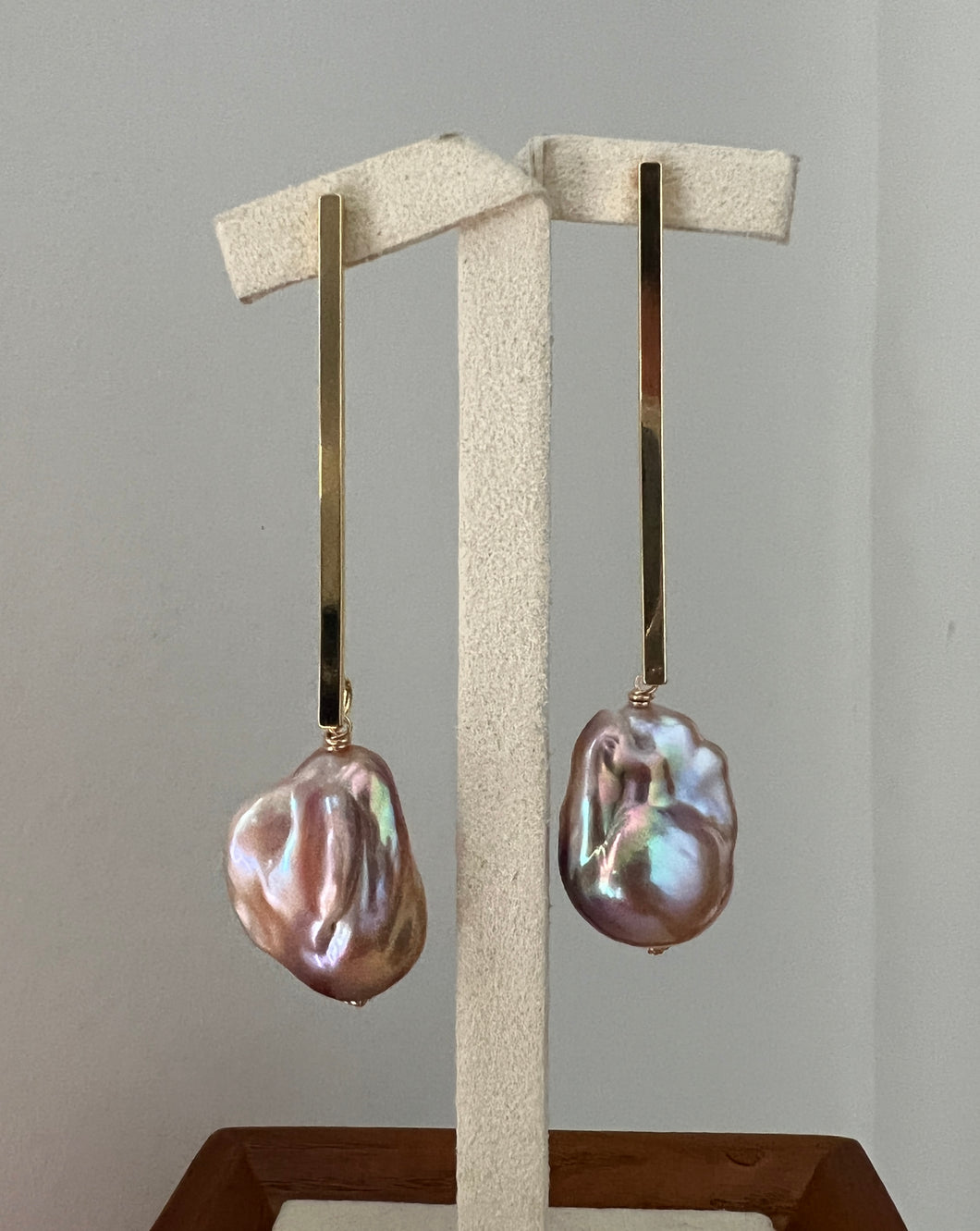 Peach-Lavender Baroque Pearls on Long Bar Earrings