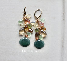 Load image into Gallery viewer, Bluish- Green Jade Seashells &amp; Fresh AAA Gemstones 14kGF Earrings