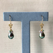 Load image into Gallery viewer, AA- AAA Olive-Peacock Tahitian Pearls, Apatite, Spinel Bee 14kGF Earrings