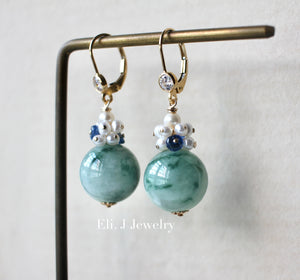 Floral Type A Jade Balls, Kyanite & Pearls 14kGF Earrings