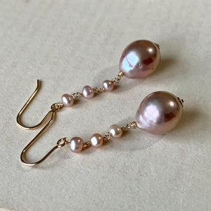 AAA Pink Edison Pearls, Baby Freshwater Pink Pearls 14kRGF Earrings