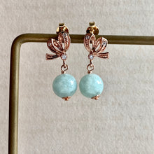 Load image into Gallery viewer, Apple Green Jade on Rose Gold Ribbon Studs
