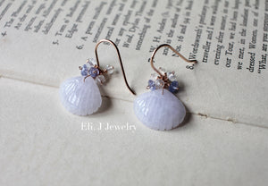 Eli. J Exclusive: Light Lavender Jade Shells, Tanzanite, Rainbow Moonstone 14kRGF Earrings
