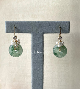 Icy Floral Type A Jade Donuts, Silver Diamond Drops, Pearls 14kGF Earrings