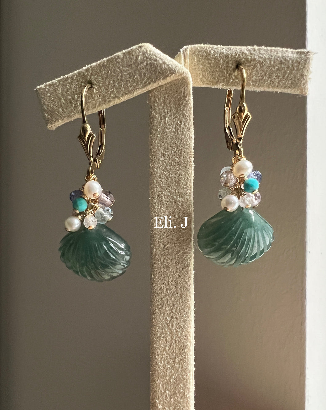 Jasmine: Jade Shells , Turquoise, Pearls 14kGF Earrings