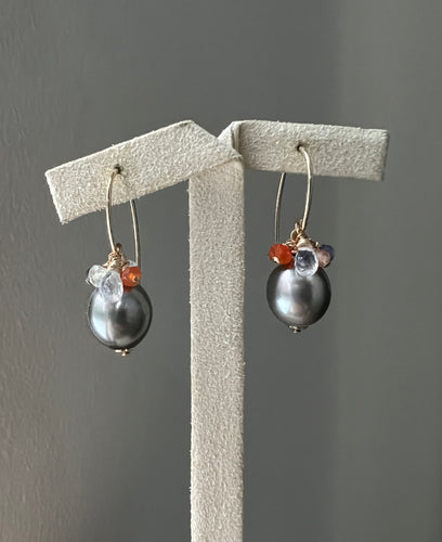 Steel Grey Tahitian Pearls, Rainbow Moonstone & Gems 14kGF Earrings
