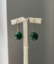 Load image into Gallery viewer, Deep Green Carved Jade Balls 14kGF Earrings