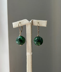 Deep Green Carved Jade Balls 14kGF Earrings