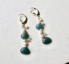 Load image into Gallery viewer, Mini Jade Shells, Aquamarine &amp; Pearls 14kGF Earrings