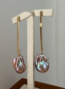 Peach-Lavender Baroque Pearls on Long Bar Earrings