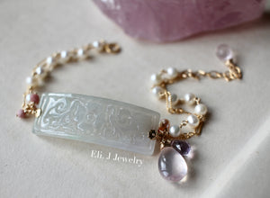 Eli. J Exclusive: Type A Carved Lavender Jadeite, Rose Quart, Pearls Bracelet 14kGF