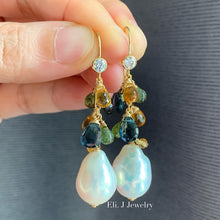 Load image into Gallery viewer, Ivory Baroque Pearls, London Blue Topaz, Citrine, Green Tourmaline 14kGF Earrings