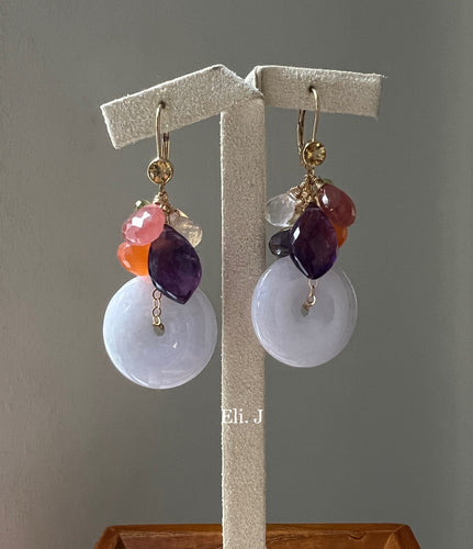 Large Type A Lavender Jade Donuts & Rainbow Gemstone Earrings
