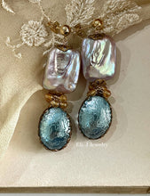 Load image into Gallery viewer, Diane: Vtg Aqua Oval Glass Gems, Pink Keshi Pearls, Citrine Earrings