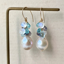 Load image into Gallery viewer, White Baroque Pearls, Blue Gemstones, 14kGF Earrings