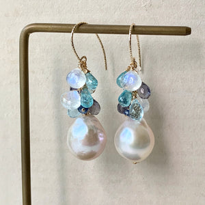 White Baroque Pearls, Blue Gemstones, 14kGF Earrings