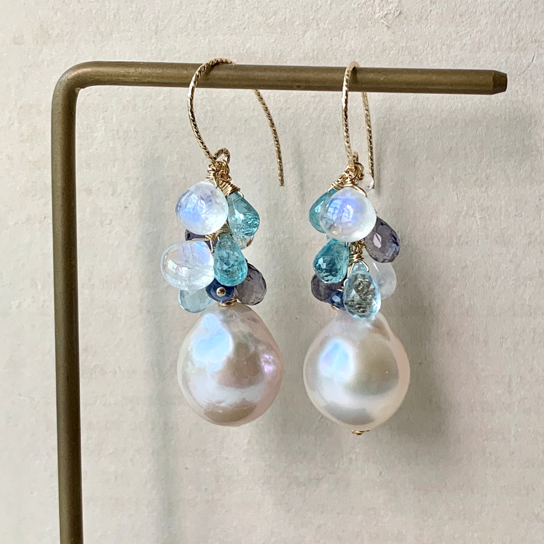 White Baroque Pearls, Blue Gemstones, 14kGF Earrings