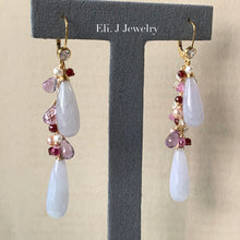 Load image into Gallery viewer, Custom-Cut Lavender Type A Jade Drops, Gemstones, Garnet 14kGF Dangly Earrings