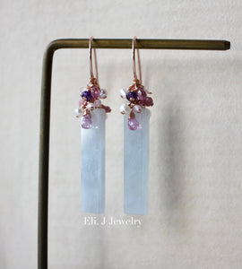 Bluish Lavender Type A Jadeite Bars, Pink Sapphire, Amethyst, Morganite 14kGF Earrings