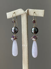 Load image into Gallery viewer, Lavender Jade Teardrops, AAA Rose Tahitian Pearls, Spinel 14kGF Earrings