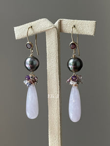 Lavender Jade Teardrops, AAA Rose Tahitian Pearls, Spinel 14kGF Earrings