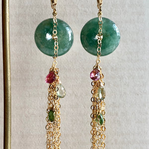 Type A Dark Green Jade with Tassels & Tourmaline Earrings
