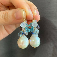 Load image into Gallery viewer, White Baroque Pearls, Blue Gemstones, 14kGF Earrings
