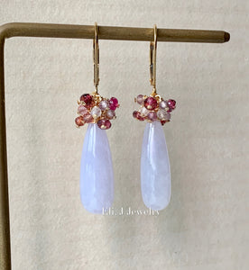 Custom-Cut Lavender Type A Jadeite Drops & Spinel, Pink Tourmaline 14kGF Earrings