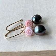 Load image into Gallery viewer, Rose Tahitian Pearls &amp; Shell Roses (Hans Forged) 14kGF Earrings