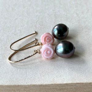 Rose Tahitian Pearls & Shell Roses (Hans Forged) 14kGF Earrings