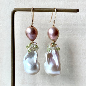 AAA Ivory Baroque Pearls, Pink-Champagne Edison Pearls & Green Gemstones