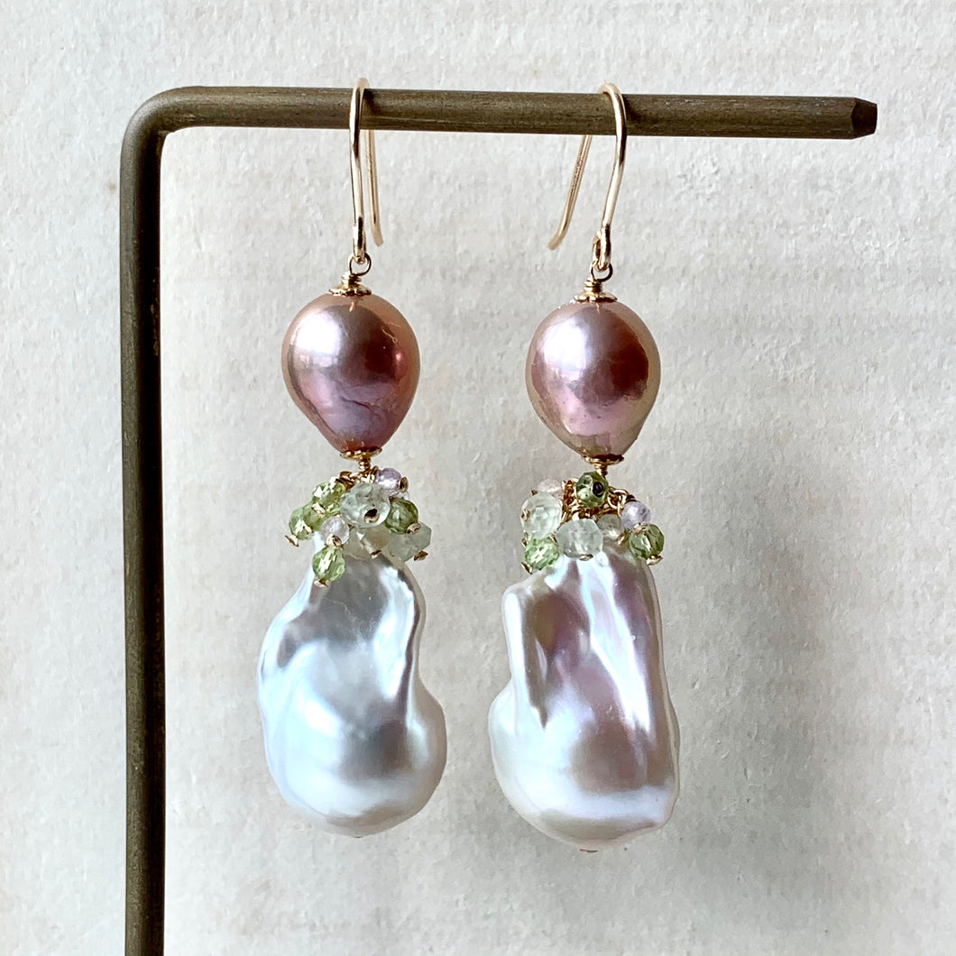 AAA Ivory Baroque Pearls, Pink-Champagne Edison Pearls & Green Gemstones