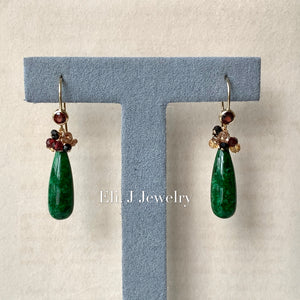 Eli. J Exclusive: Type A Deep Green Jade Drops, Garnet, Spinel & Gems 14kGF Earrings