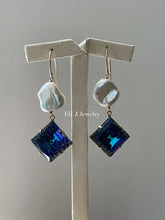 Load image into Gallery viewer, Carolyn: Vtg Rainbow Blue Glass &amp; Ivory Keshi Pearl Earrings